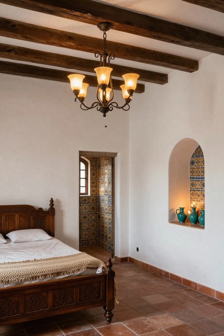 Bedroom interior featuring exposed dark wooden beams in a vaulted ceiling, a brass five-arm chandelier with frosted glass shades hanging above a carved wooden bed with white sheets and tan throw, arched doorway with colorful tiled walls, niche alcove holding green ceramic vases lit by candles, white walls, and terracotta tile floor.
