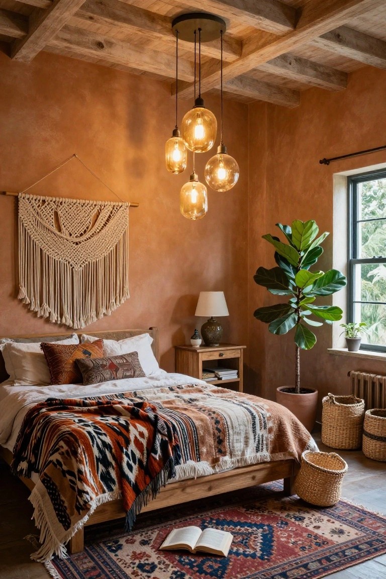 Bedroom interior featuring a vaulted ceiling with exposed wooden beams from which a cluster of glowing globe pendant lights hangs above a wooden bed draped in colorful woven blankets, terracotta walls with a large macrame hanging, a fiddle leaf fig plant near a window, bedside table with lamp, woven baskets, and a red patterned rug on the floor.