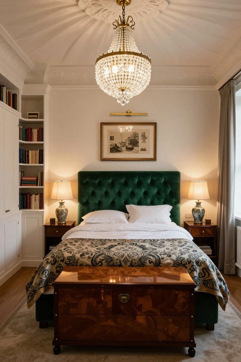 Bedroom interior featuring a large crystal chandelier hanging from an ornate white vaulted ceiling above a green velvet tufted headboard on a bed with white sheets and patterned duvet, flanked by wooden nightstands with porcelain lamps, bookshelves, and a wooden chest at the foot.