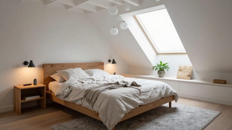 Attic bedroom under white vaulted ceiling with skylight, wooden platform bed with white linens and throw, two white pendant lights hanging beside bed, built-in wooden bench with plant and pillow, light wood floor with gray rug.