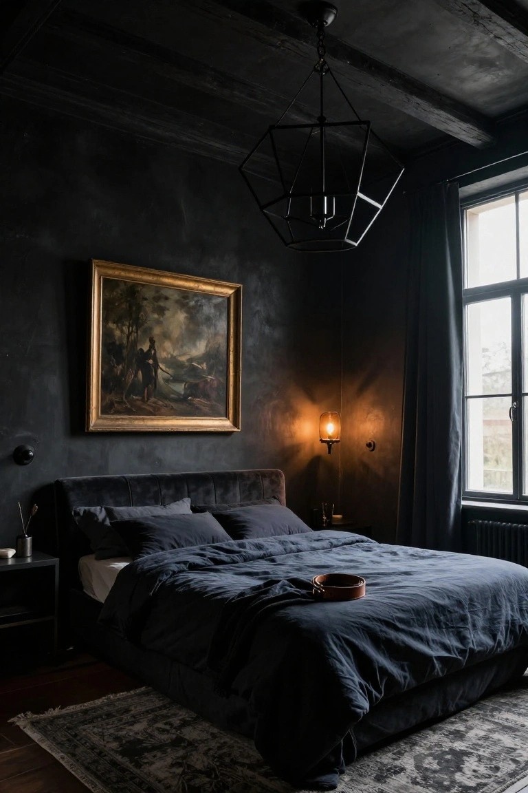 Moody dark bedroom with black vaulted ceiling beams, large hanging black geometric metal lantern pendant light, gold-framed painting of landscape on wall, black velvet bed frame with navy linens, bedside lamp, and window with dark curtain.