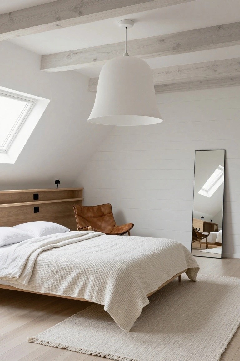 Vaulted ceiling bedroom with exposed wooden beams, large white pendant light hanging centrally, low wooden platform bed with white bedding, brown leather chair, black full-length mirror, and skylight window.