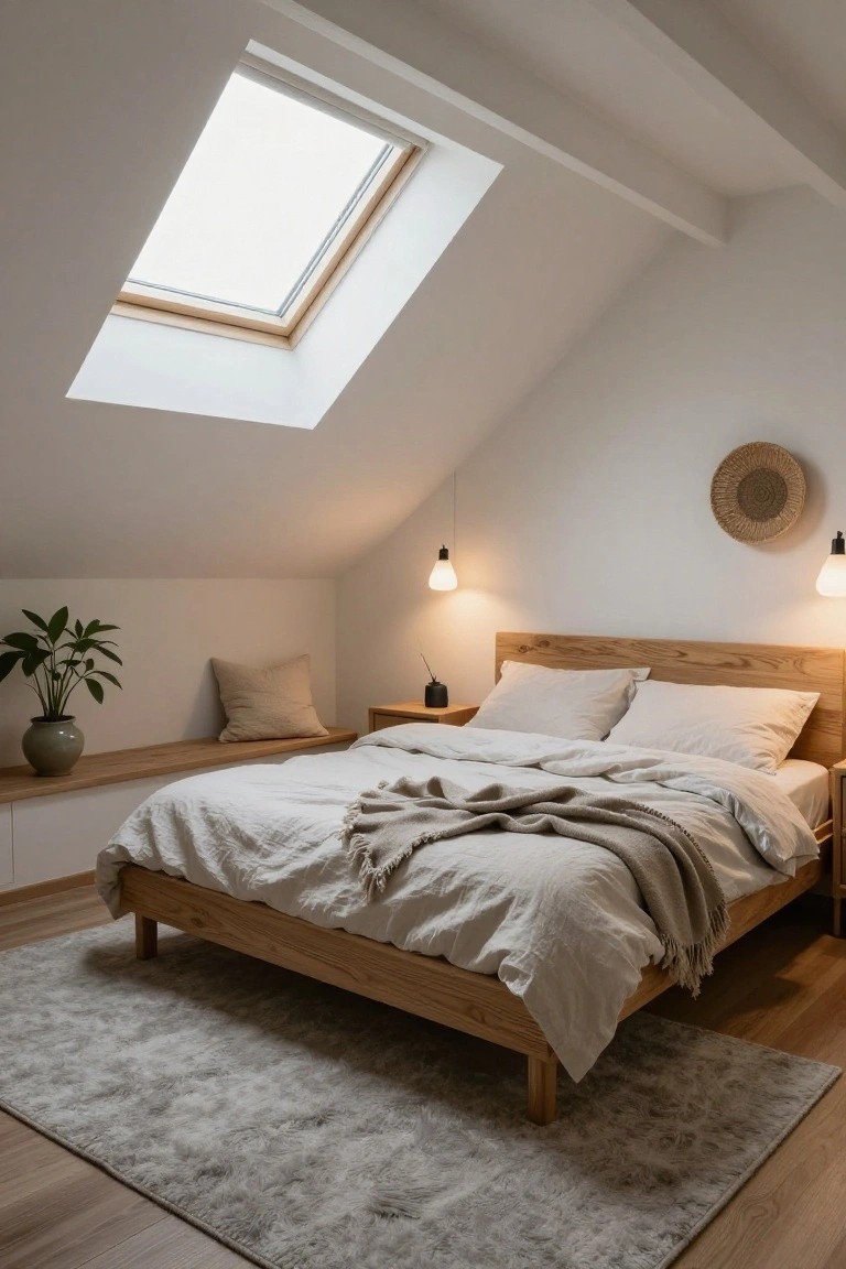 Attic bedroom under white vaulted ceiling with skylight, wooden platform bed with white linens and throw, two white pendant lights hanging beside bed, built-in wooden bench with plant and pillow, light wood floor with gray rug.