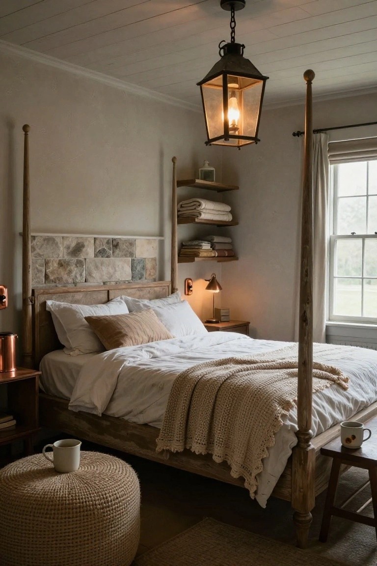 Bedroom interior featuring a wooden four-poster bed with stone headboard, beige linens and throw, hanging lantern pendant light from beamed ceiling, wall sconces, floating shelves with linens, side tables with lamps and mugs, and ottoman on wood floor.