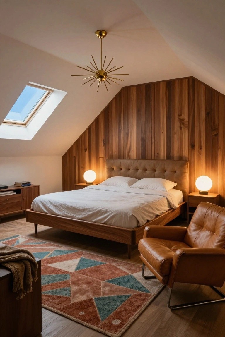 Bedroom with vaulted wood-paneled ceiling, skylight, suspended gold starburst chandelier, wooden platform bed with white sheets, two bedside tables with globe lamps, leather armchair, geometric rug, and wooden furniture on light wood floor.