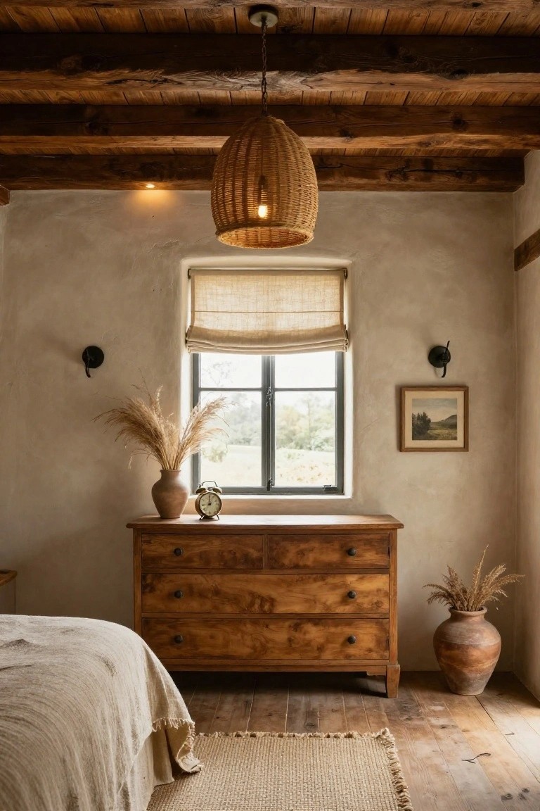 Bedroom interior with vaulted wooden beam ceiling, rattan pendant light hanging above a wooden dresser beside a bed, pampas grass in terracotta vases, linen roman shade on window, and beige walls.