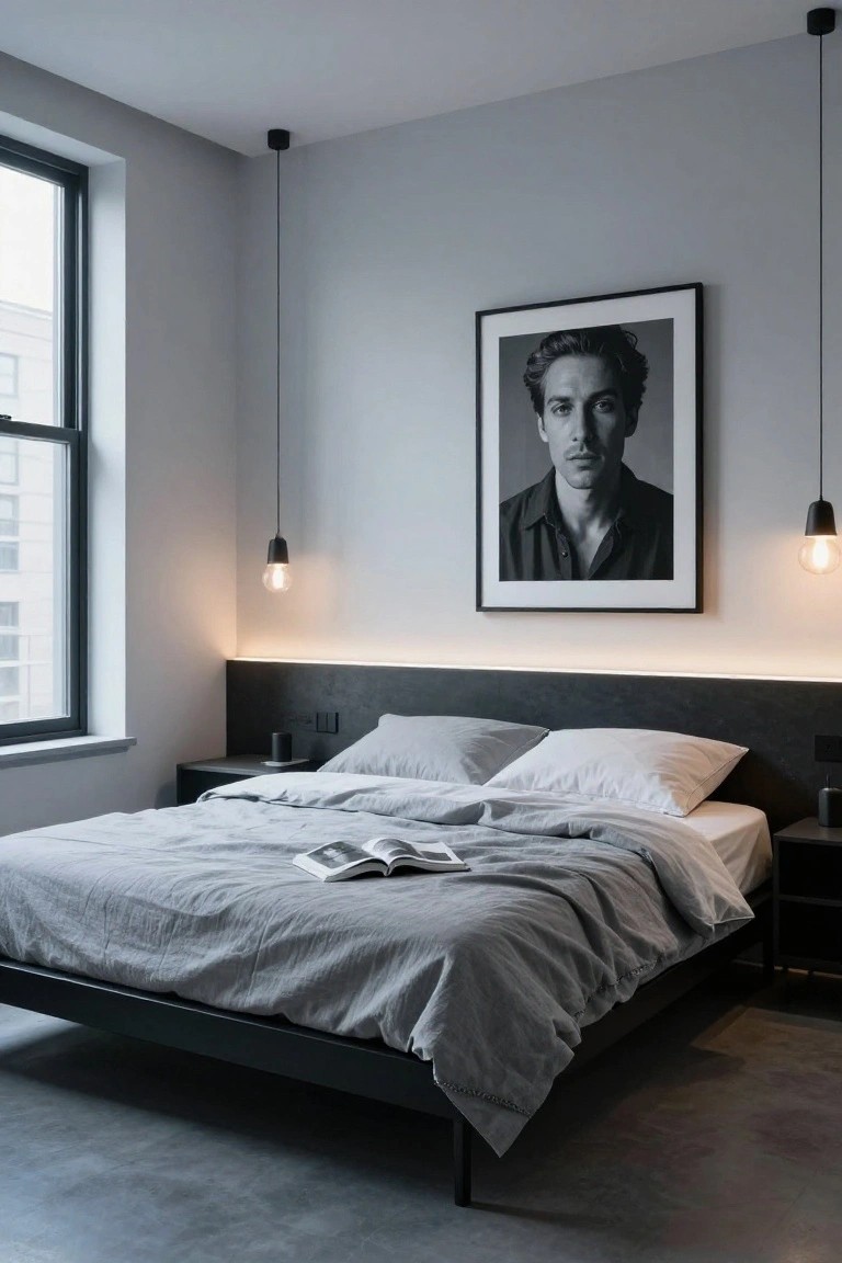 Minimalist bedroom with black upholstered bed frame and headboard featuring LED backlighting, gray linen bedding, two black nightstands, two pendant lights, large black-and-white portrait on wall, and window with black frame.