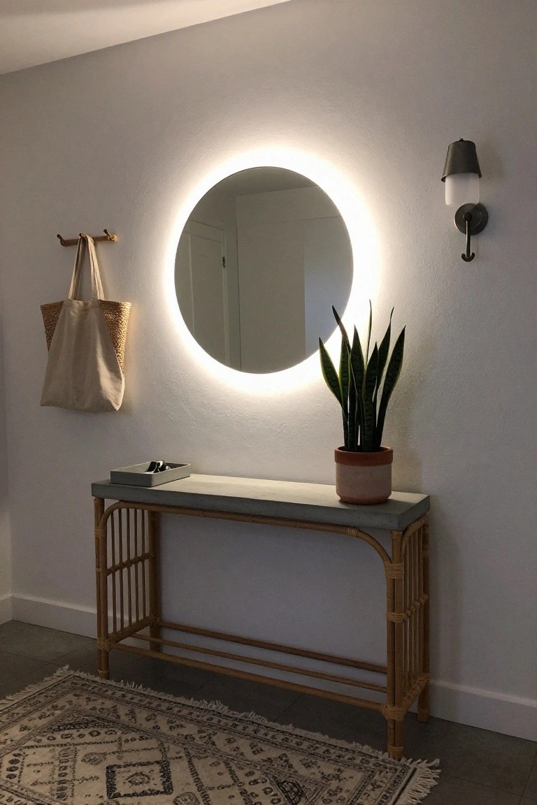 White entryway wall with large round mirror featuring white LED backlight, rattan console table topped with concrete surface holding tray of keys and potted snake plant, beige tote bag on wooden hook, wall sconce, and patterned rug on concrete floor.