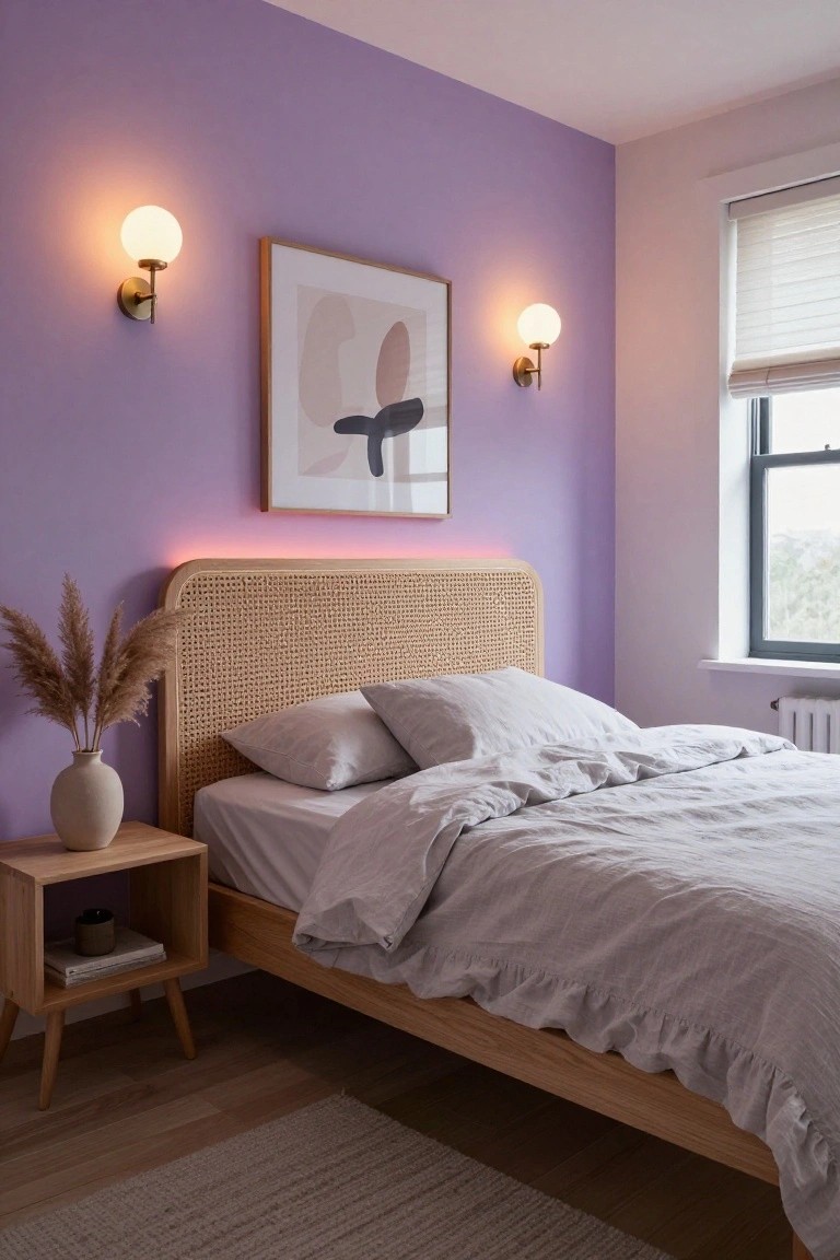 A bedroom with purple walls, rattan headboard lit by pink LED strips, neutral gray bedding on a wooden bed frame, pampas grass in a vase on a wooden nightstand, globe sconces on the wall, and blinds on a window.