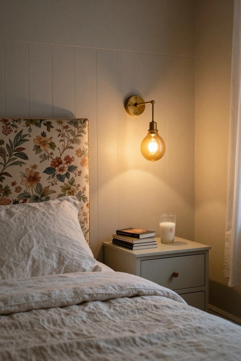 A bedroom corner showing a bed with white linen sheets and floral-patterned upholstered headboard, a white wooden nightstand with stacked books and a glass of milk, and a brass adjustable wall sconce with lit amber-tinted exposed bulb, against white paneled walls and a curtained window.