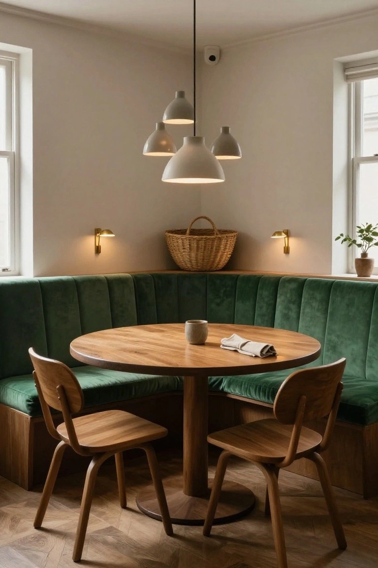 Corner booth with green tufted velvet seating, round wooden table set with a cup and napkin, wooden chairs, pendant lights overhead, wall sconces, wicker basket on shelf, and windows in a white-walled room with parquet floor.