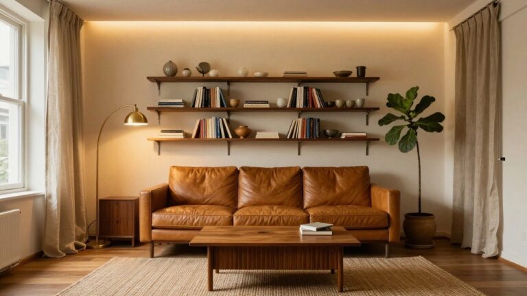 Modern apartment living room corner with tan leather sofa, wooden coffee table, ficus plant in gray pot, wooden credenza, bookshelves with LED underlighting, brass arched table lamp, and sheer curtains on floor-to-ceiling window.