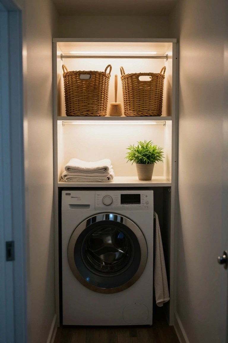 Narrow indoor laundry space with white front-loading washer at bottom, open white shelving above holding wicker baskets, folded white towels, potted green plant, broom, and glowing LED strip lights under shelves, light wood floor, neutral walls.