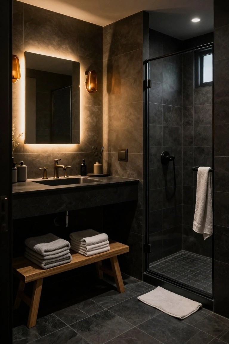 Sleek modern bathroom with dark gray textured wall tiles, backlit rectangular mirror with amber glass sconces, matte black floating vanity and sink with gold faucet, frameless glass shower enclosure, stacked white towels on wooden bench, and dark tile floor.