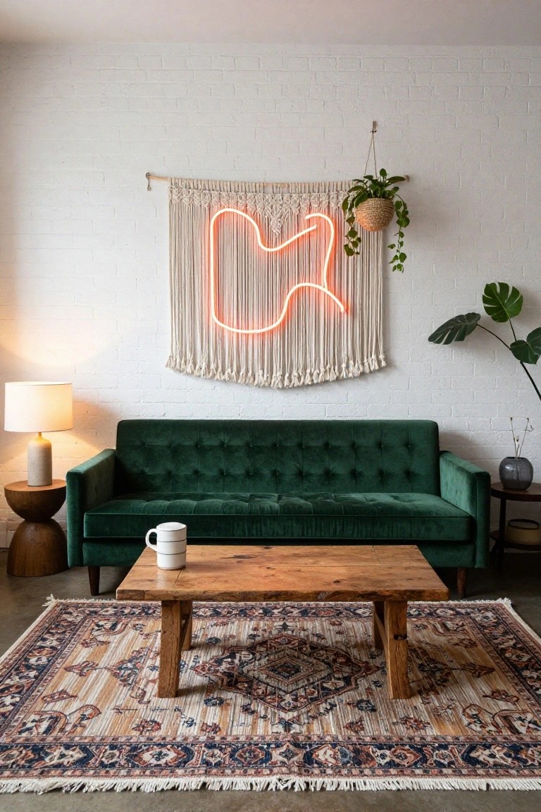 Living room with emerald green velvet tufted sofa, wooden coffee table on Persian-style rug, side tables, lamp, plants, and orange neon rope light in macrame wall hanging on white brick wall.