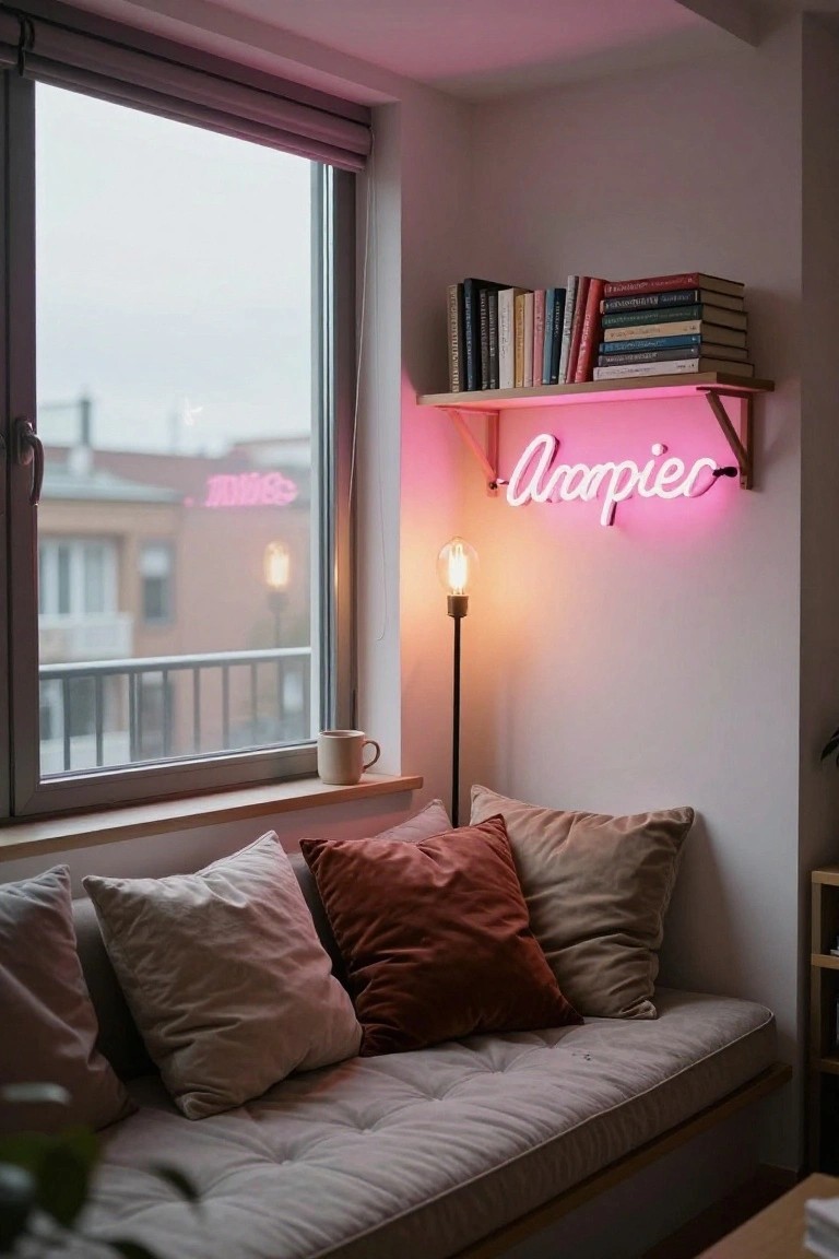 Apartment window nook with beige tufted daybed and pillows, floating wooden bookshelf holding colorful books, pink neon sign reading 