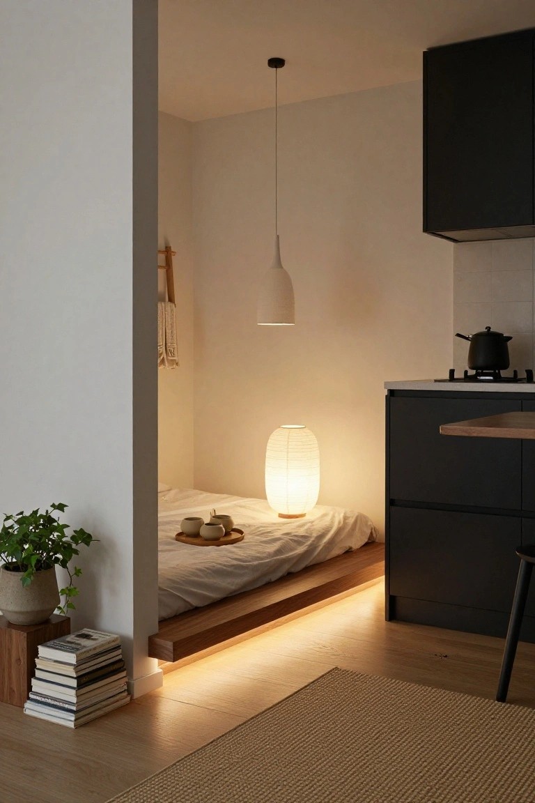 Small apartment corner with raised wooden platform bed lit from below, paper lantern lamp on floor beside it, white bedding, wooden tray with teacups, potted ivy plant, stack of books, black kitchen cabinets, and beige rug.