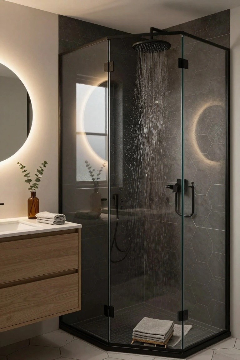 Modern bathroom with corner glass shower enclosure running water, black rain showerhead and fixtures, gray hexagonal wall tiles, round backlit mirror, wooden vanity with sink, eucalyptus in glass vase, and folded towels on floor and counter.