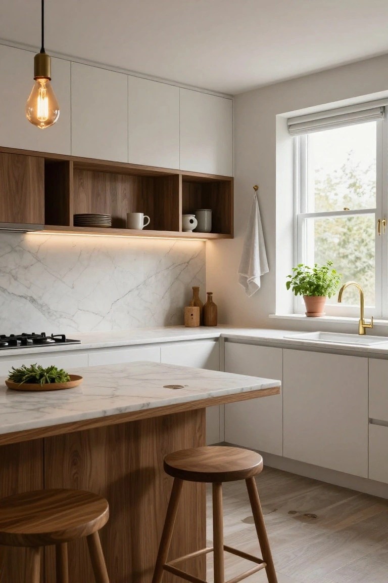 Modern kitchen with white flat-panel cabinets, open walnut wood shelves, marble counters and backsplash, wooden bar stools at island, under-cabinet LED lighting, gold faucet, and pendant bulb.