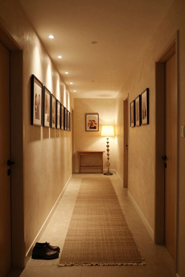 A long beige hallway with textured walls, recessed ceiling lights, multiple framed photos on one wall, a wooden console table and beaded lamp in the middle, a seagrass runner rug on the floor, and brown leather shoes near the entrance door.