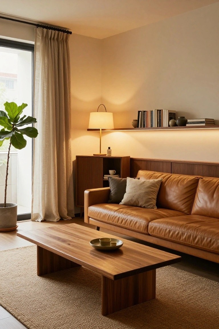 Modern apartment living room corner with tan leather sofa, wooden coffee table, ficus plant in gray pot, wooden credenza, bookshelves with LED underlighting, brass arched table lamp, and sheer curtains on floor-to-ceiling window.