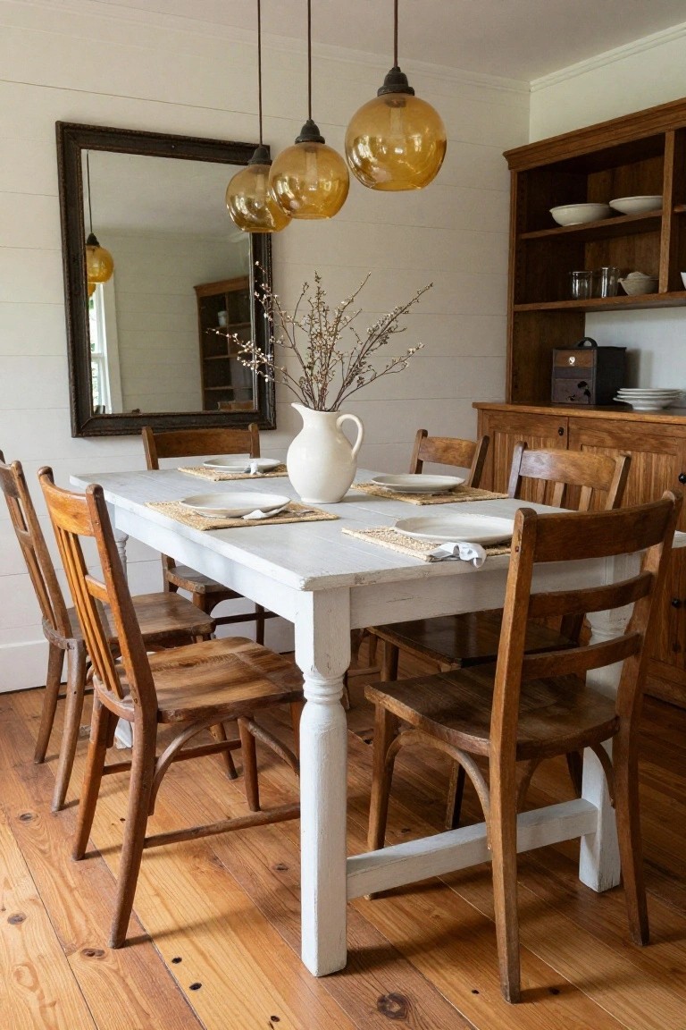 Dining room with white rectangular farmhouse table set with placemats, plates, and a white vase of branches under three hanging amber glass globe pendant lights, surrounded by wooden chairs and a wooden cabinet with dishes.