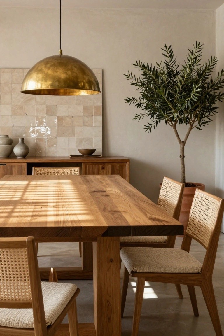 Dining room featuring a large brass dome pendant light over a wooden table with rattan chairs, a wooden sideboard with ceramics, beige tiled wall, and potted olive tree.