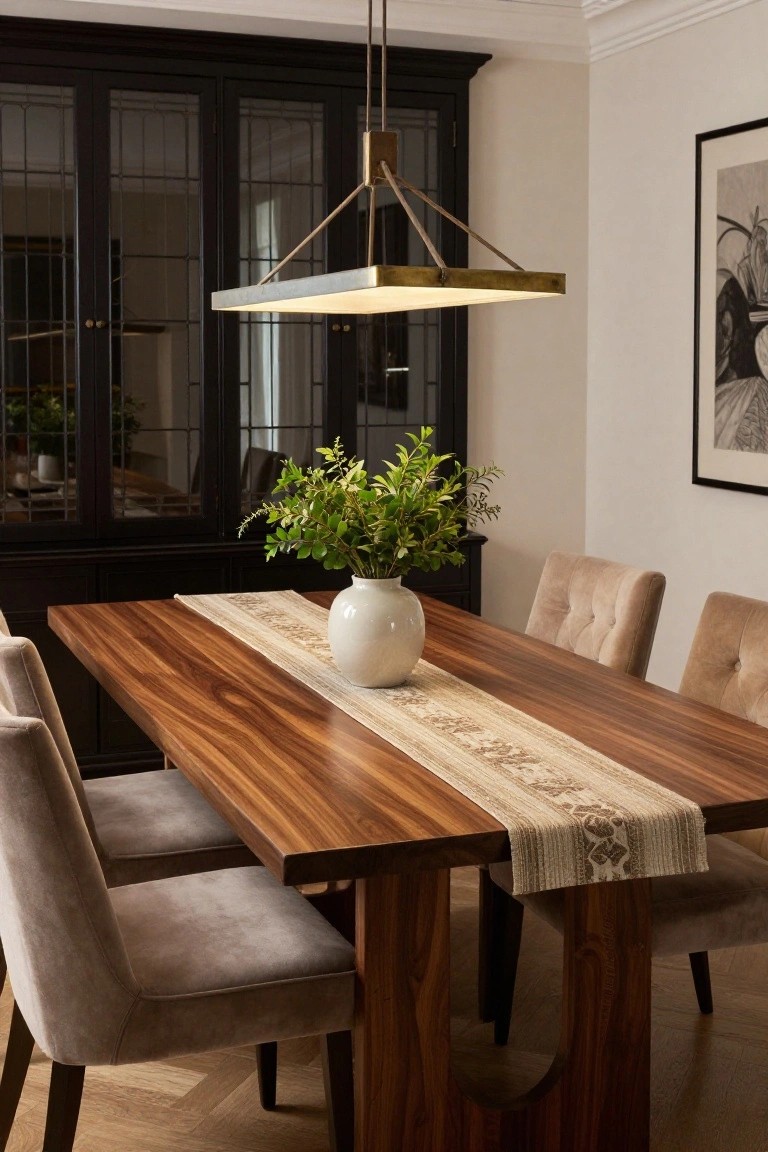 Dining room featuring a rectangular brass-framed pendant light over a wooden table with beige runner and white vase of greenery, surrounded by upholstered chairs, black glass-door cabinet, and artwork on white walls.