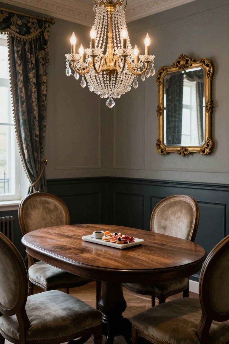 Oval wooden dining table with a white platter of food in a room lit by a beaded crystal chandelier, surrounded by upholstered chairs, gray paneled walls, heavy blue drapes, and a gold-framed mirror.