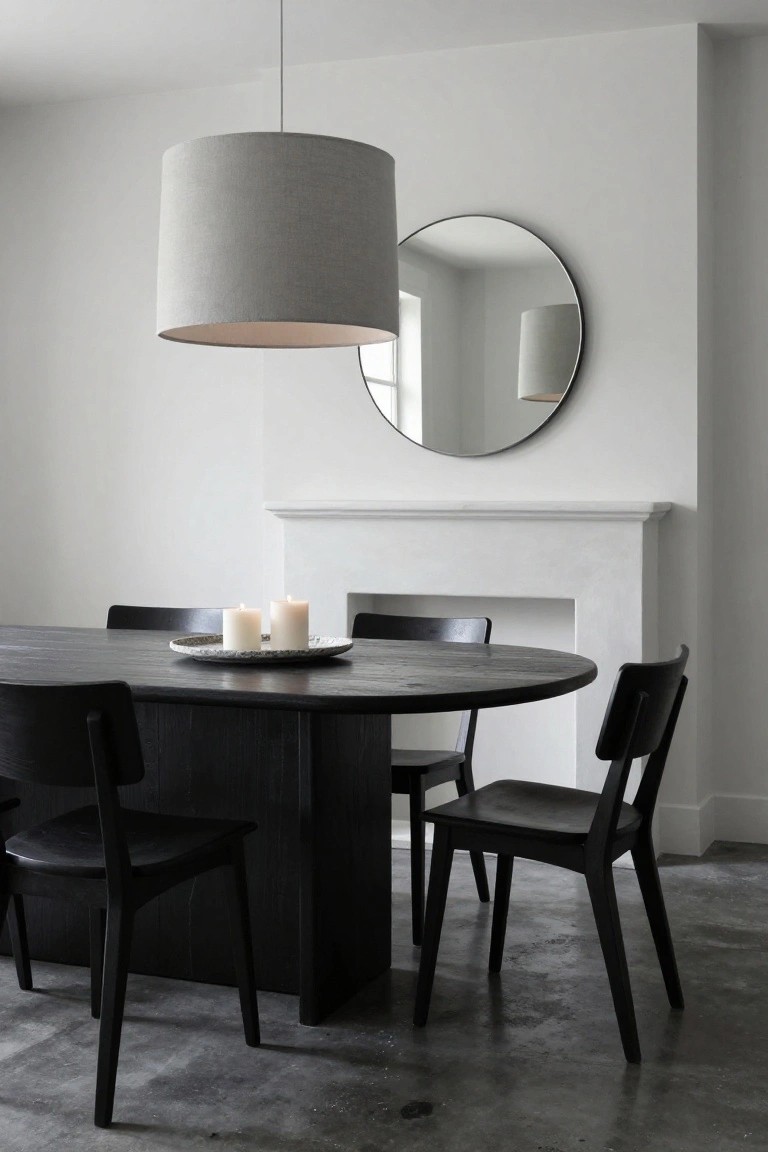 Gray fabric drum shade pendant light hangs over a dark wood oval dining table with black chairs, white candles on a plate, white walls, round mirror, and marble fireplace in a minimalist room.
