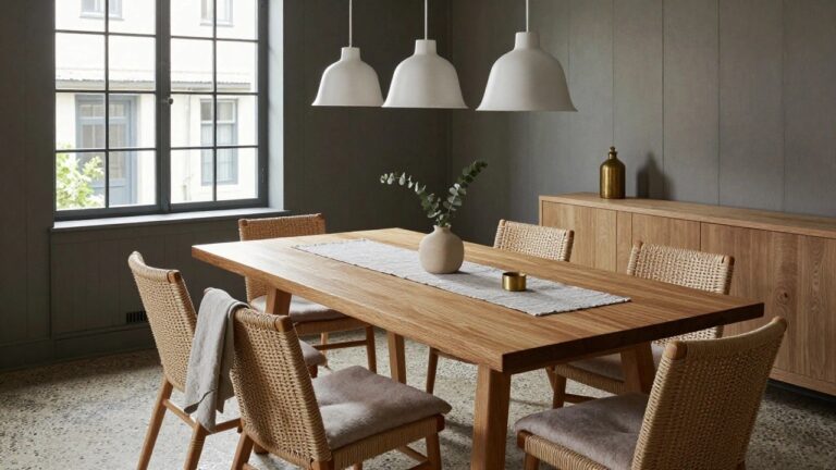 Dining room with long wooden table, rattan chairs with sheepskin cushions, three white cone pendant lights hanging above the table, wooden sideboard with vase of eucalyptus and table lamp, large black-framed windows overlooking garden, polished concrete floor.
