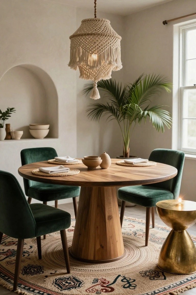 A beige fringed macramé pendant light hangs over a round wooden pedestal dining table set with four green velvet chairs in a neutral-walled room with plants, ceramics, a palm, arched niche, rug, and gold stool.