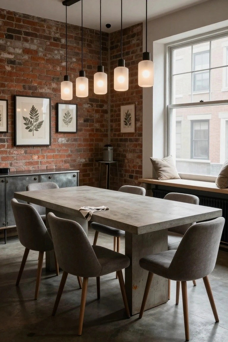 Dining room interior with exposed brick walls, rectangular concrete table and six gray upholstered chairs, five frosted glass pendant lights hanging above the table, metal credenza, and window bench.
