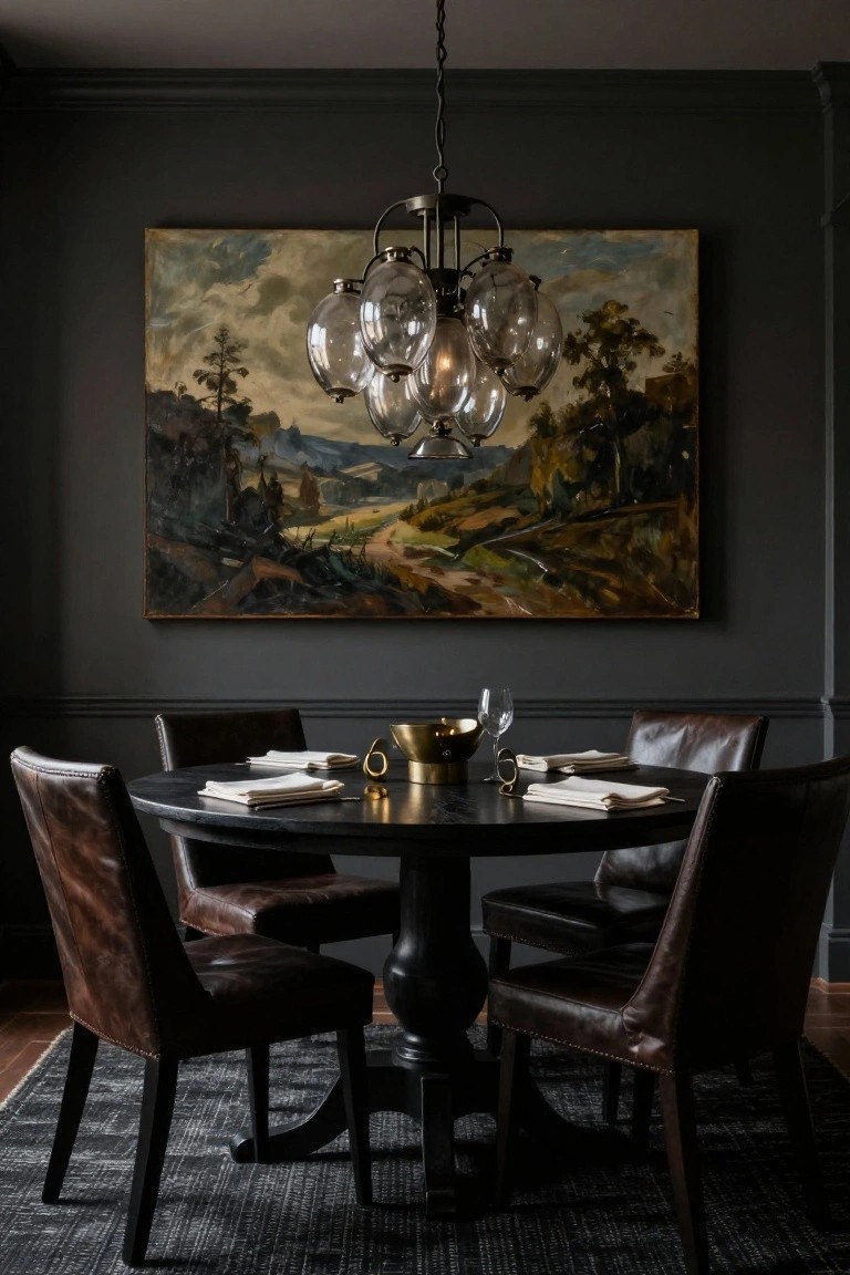 Dark gray dining room with black round table, brown leather chairs, white napkins and glassware set on table, gold ice bucket, large landscape painting on wall, and multi-glass-orb chandelier hanging centered above.