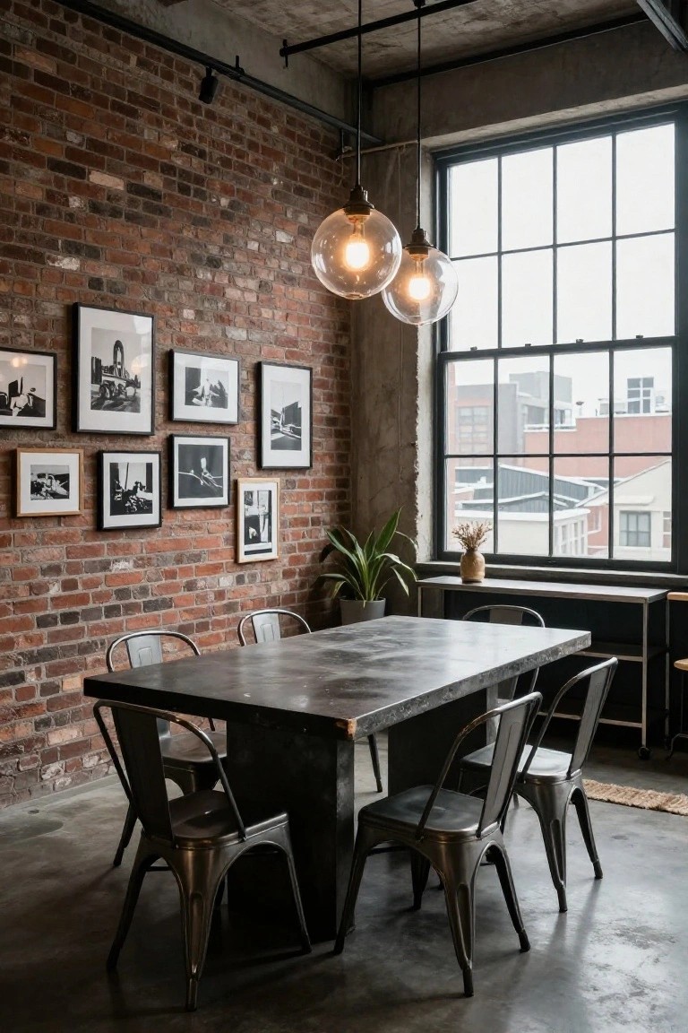 Dining area in an industrial-style room with exposed brick walls lined with black-and-white framed photos, a rectangular metal table surrounded by metal chairs, two hanging clear glass globe pendant lights above the table, a potted plant, and large multi-pane windows.