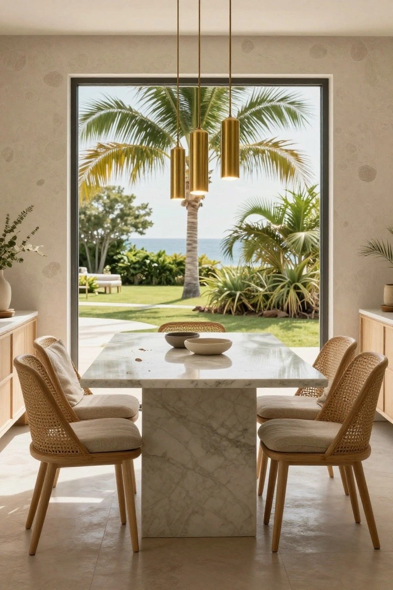 Dining area inside a light-colored room with four rattan chairs around a white marble table, three slim gold cylindrical pendant lights hanging above, and a large glass door opening to a tropical garden, palm trees, and ocean view.