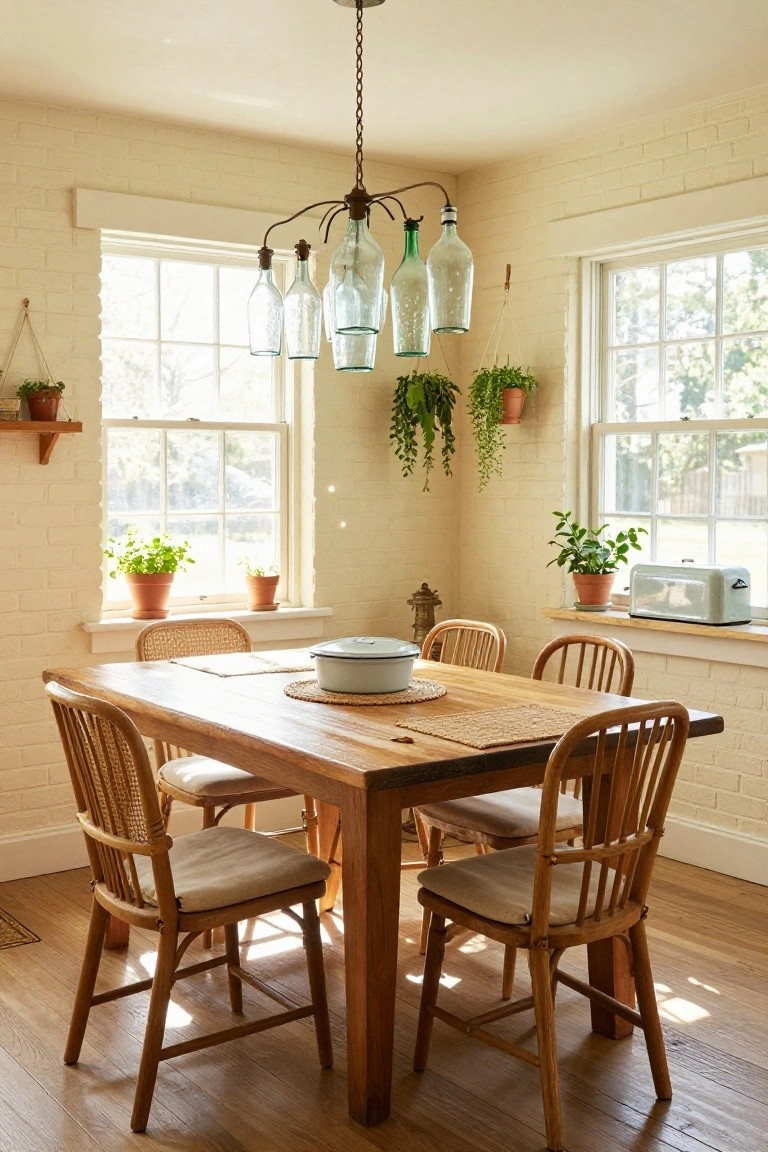 Dining room with white brick walls, large windows with plants on sills, wooden table and rattan chairs, toaster on counter, and green glass bottle chandelier hanging above the table.
