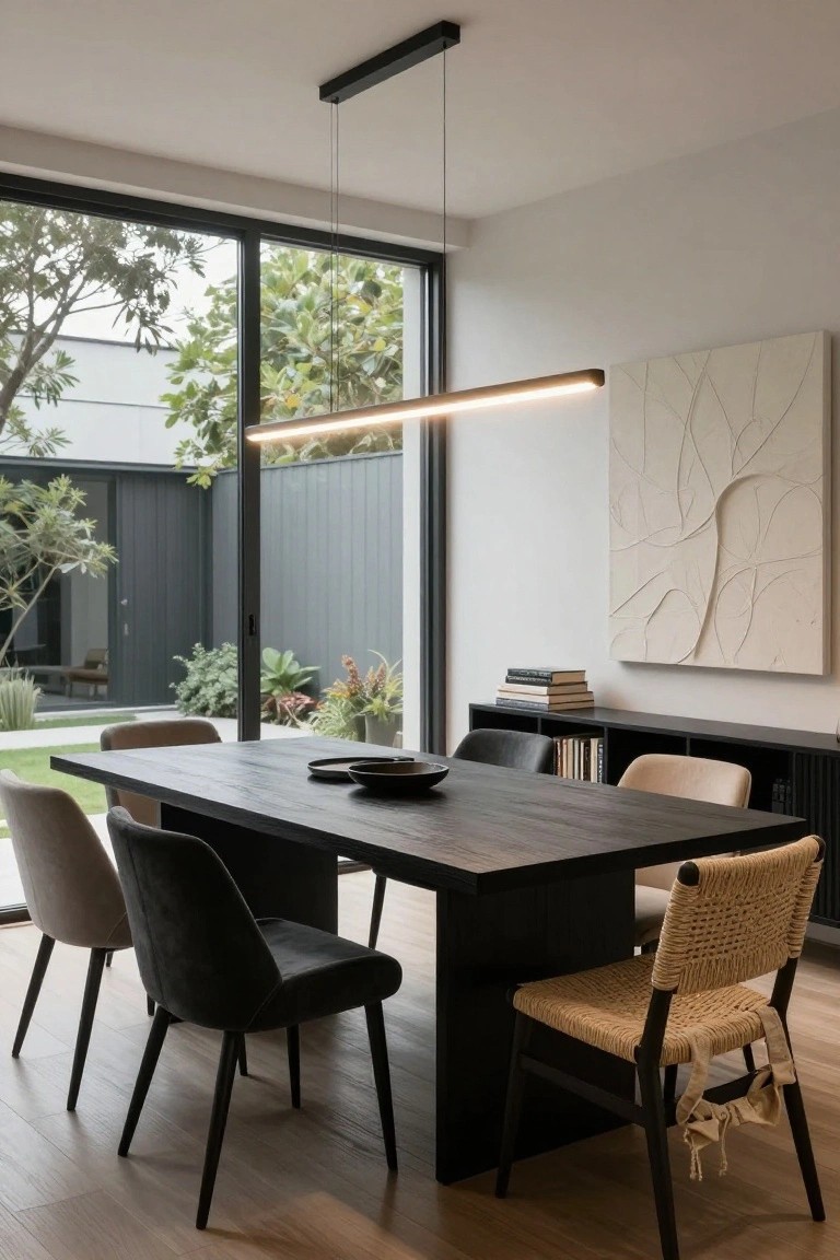 Dining room with long dark wooden rectangular table, beige and black velvet chairs, rattan chairs, slim linear LED pendant light overhead, bookshelves, white abstract wall art, and large glass doors to garden.