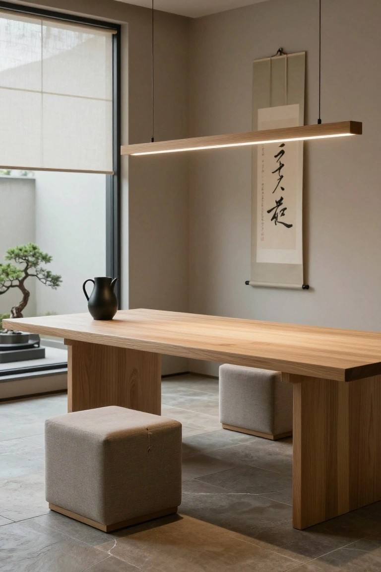 Minimalist dining room with oak trestle table, two beige cube stools, black jug vase on table, bonsai tree visible through window, hanging beige scroll with Japanese calligraphy on wall, and long linear oak LED pendant light suspended above.