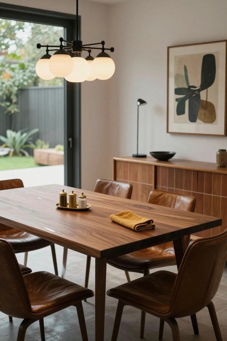 Dining room featuring a wooden table with leather chairs under a black chandelier with five white globe shades, a wooden sideboard with dishes nearby, and glass doors opening to a garden.