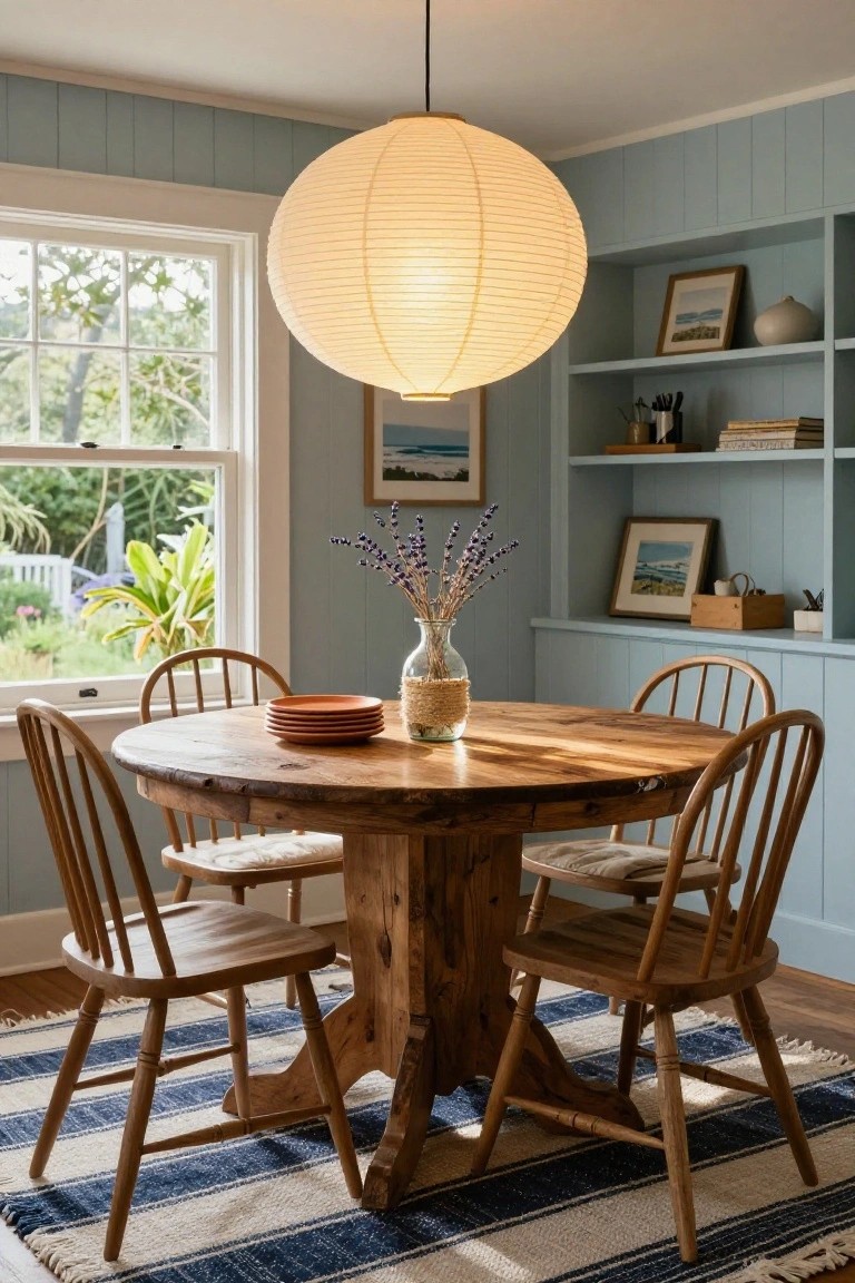 Dining room with round wooden table, four wooden chairs, stacked terra cotta plates, glass jar of lavender, and large white paper lantern pendant light centered above the table, blue paneled walls, open shelves, and window with garden view.