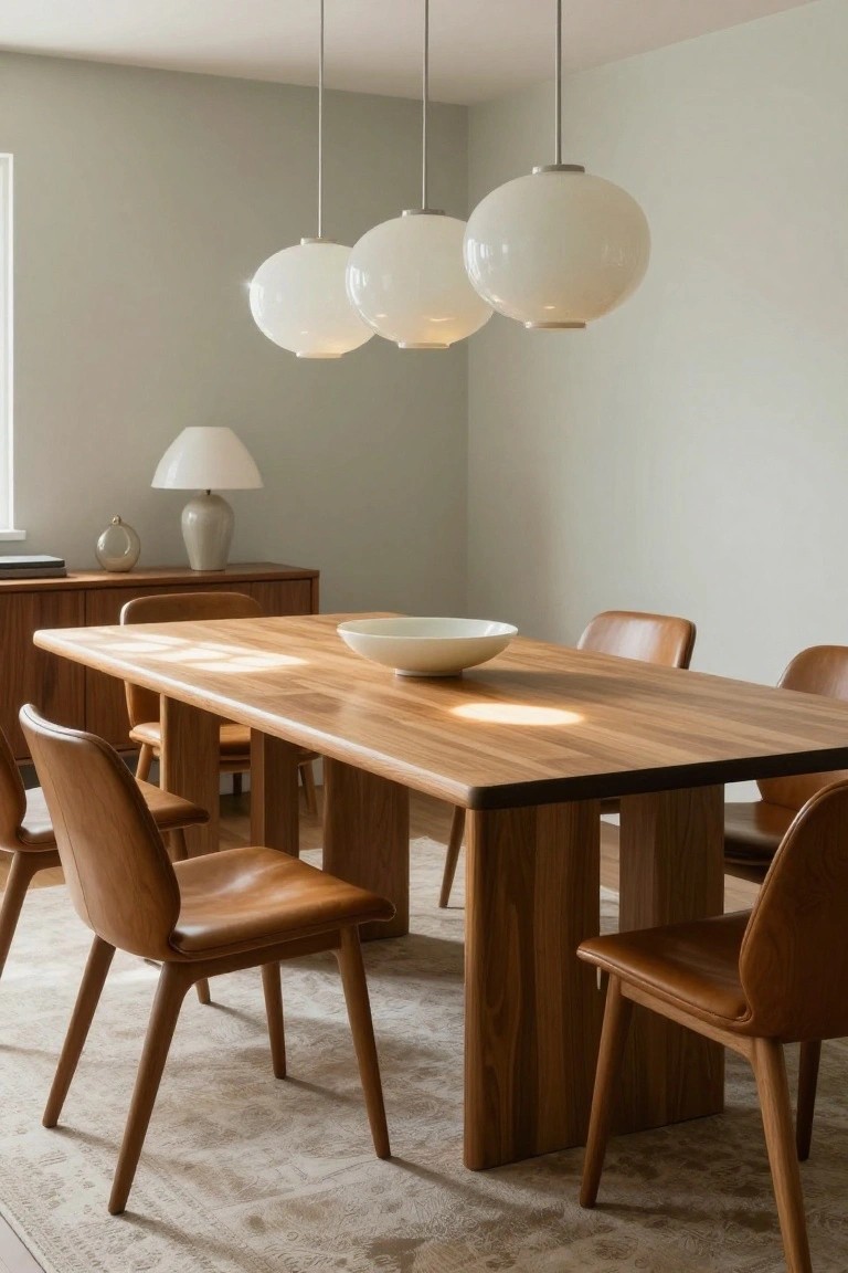 Dining room with rectangular wooden table, tan leather chairs, three white globe pendant lights suspended above the table, sideboard with ceramic lamp and vase, and pale green walls.