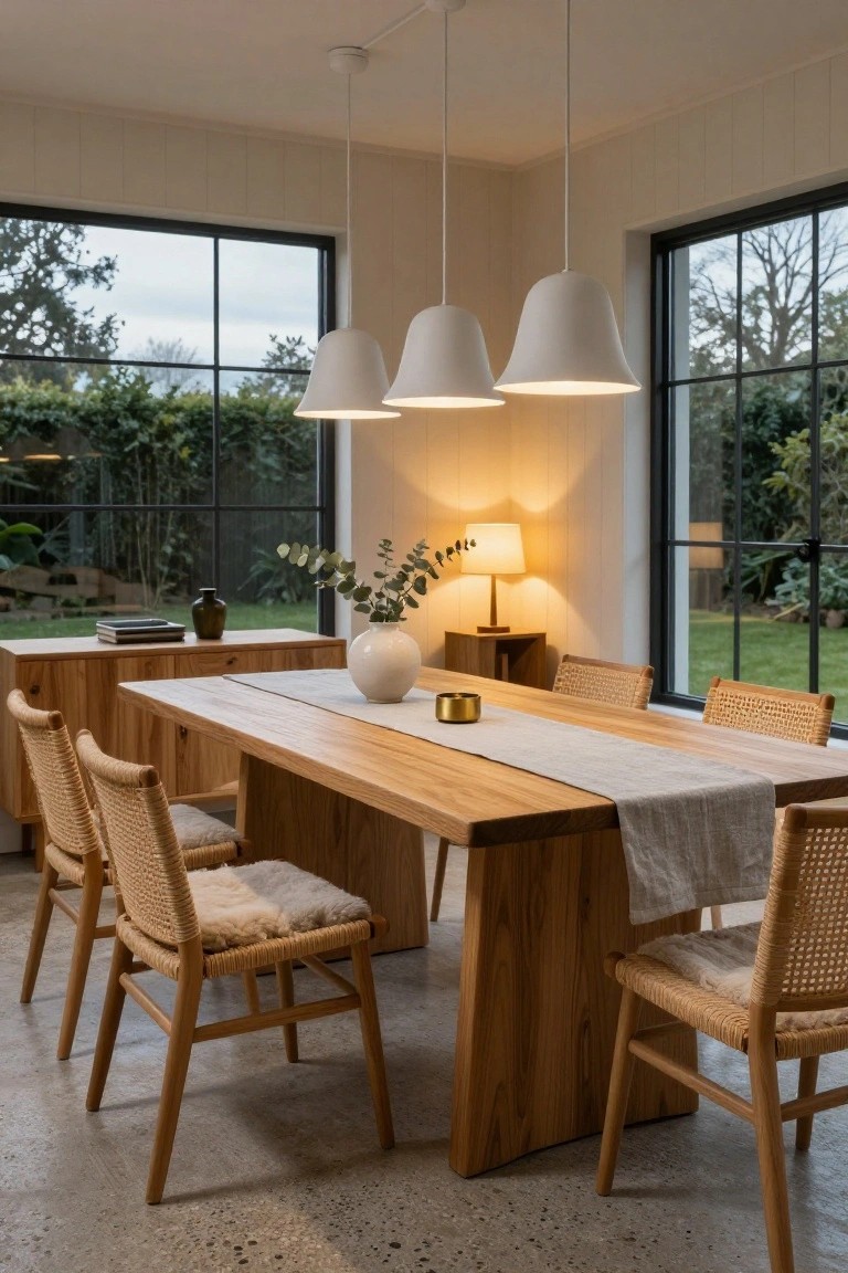 Dining room with long wooden table, rattan chairs with sheepskin cushions, three white cone pendant lights hanging above the table, wooden sideboard with vase of eucalyptus and table lamp, large black-framed windows overlooking garden, polished concrete floor.