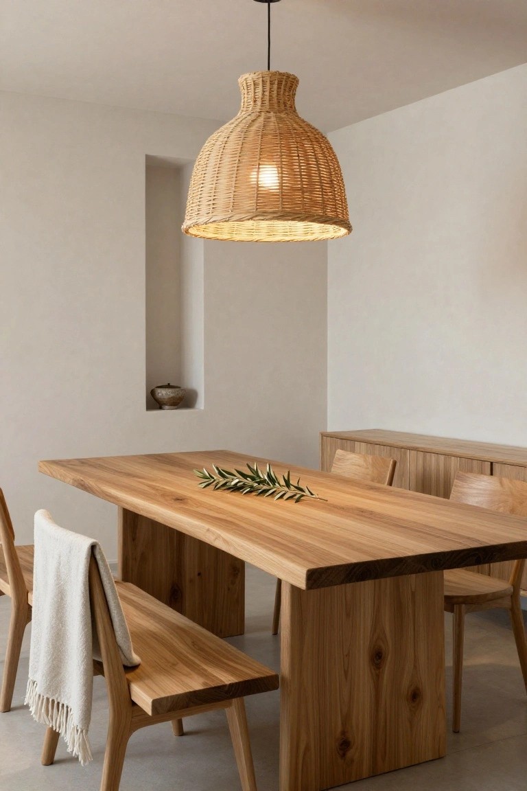 A beige woven rattan pendant light hangs centered over a rectangular live-edge wooden dining table with olive branches, flanked by wooden chairs, a bench with a white throw, and a credenza in a minimalist white room with a wall niche.