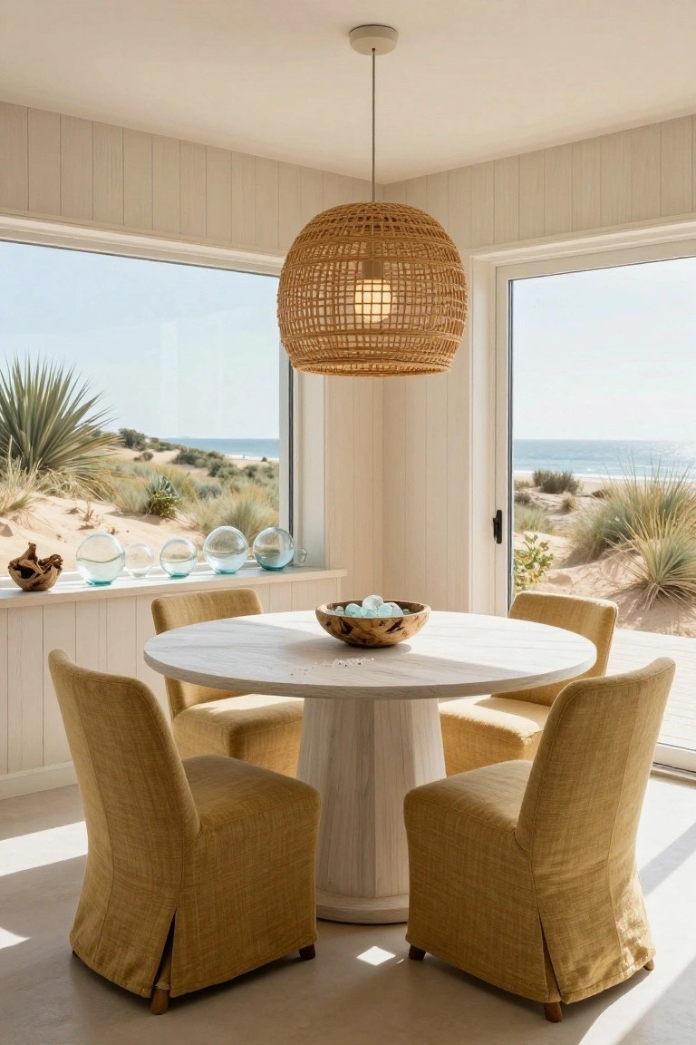 Round white pedestal dining table with four mustard yellow upholstered chairs centered under a large spherical woven rattan pendant light, in a white paneled room with large windows showing ocean dunes and beach.