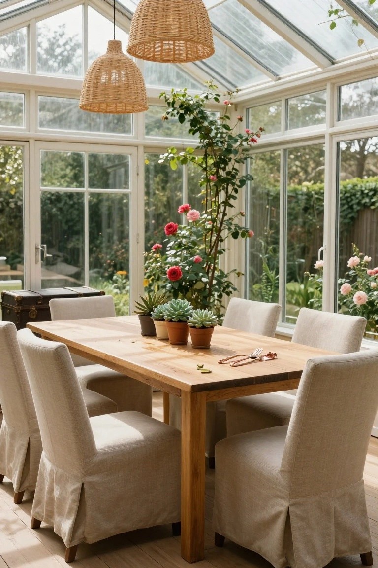 Glass sunroom with wooden dining table, beige slipcovered chairs, multiple woven rattan pendant lights hanging above, potted plants on table, and large windows showing garden outside.