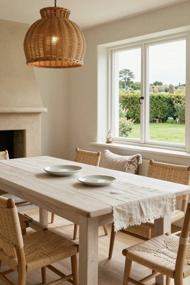 Dining room with large hanging woven rattan pendant light over rectangular whitewashed wooden table set with two white plates and linen runner, surrounded by rattan chairs, stone fireplace, and window overlooking garden.