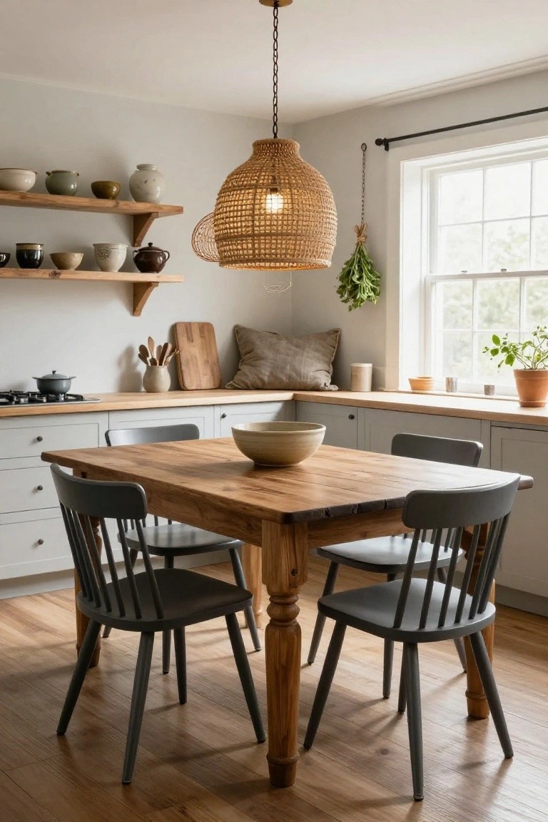 Kitchen dining area with a large woven rattan pendant light hanging over a wooden table and gray chairs, white cabinets, wooden shelves with pottery, and a window with plants.