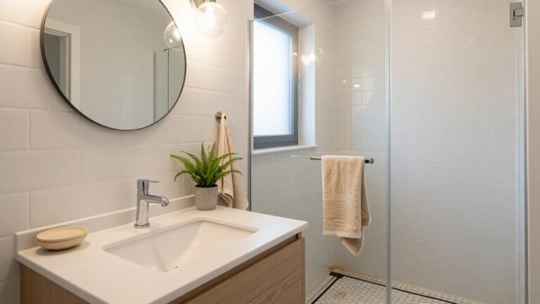 24 Trendy Small Bathroom Pendant Lighting Ideas For Compact Rooms A small white bathroom with subway tile walls, a round black-framed mirror, white vanity sink with chrome faucet, potted fern plant, glass shower enclosure, and a wall-mounted pendant light with globe bulb above the sink.