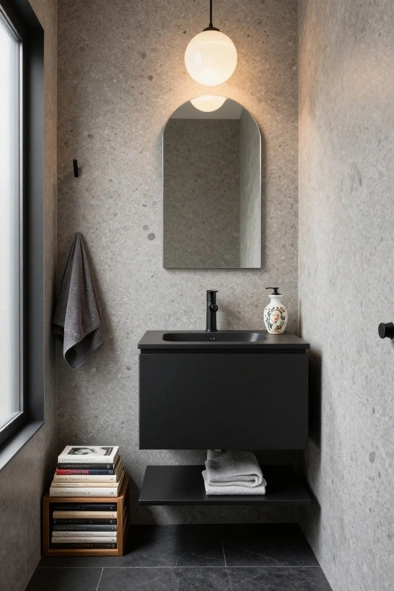 Compact bathroom with gray terrazzo walls, black floating vanity and matte black faucet under a white globe pendant light, arched mirror above sink, hanging gray towel, white soap dispenser, and stack of books on wooden shelf next to black tile floor.